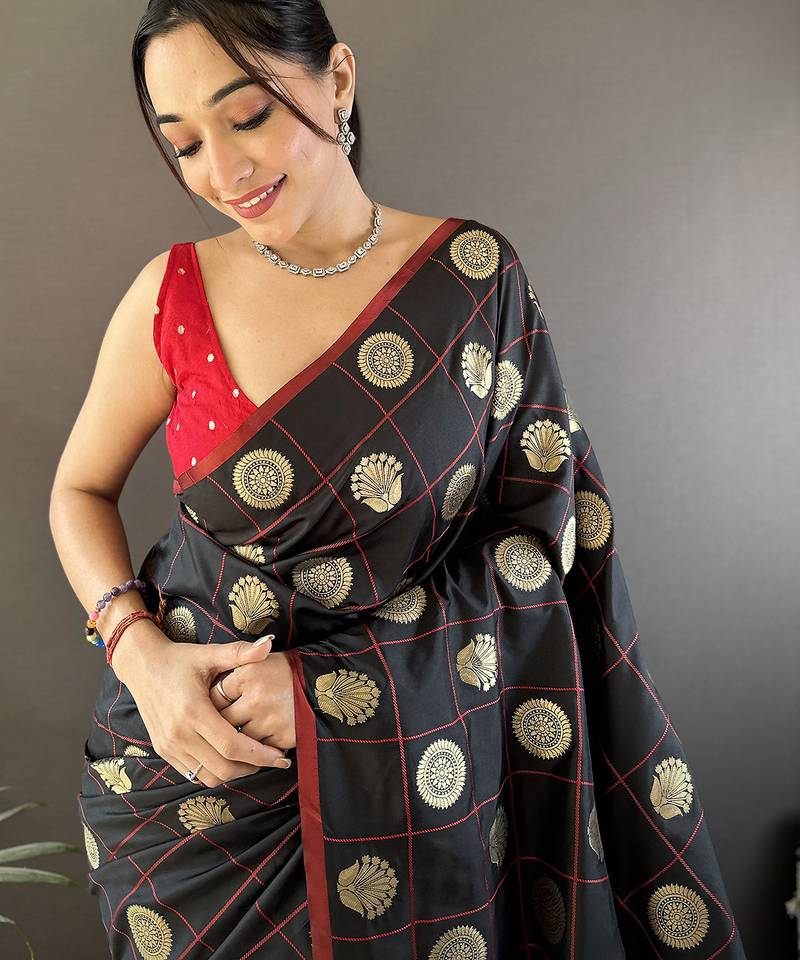 black soft silk blend checked & circular motifs zari weaving banarasi saree