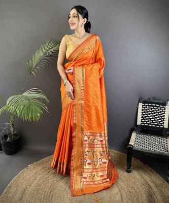 orange soft lichi silk blend butti meenakari work paithani saree 1