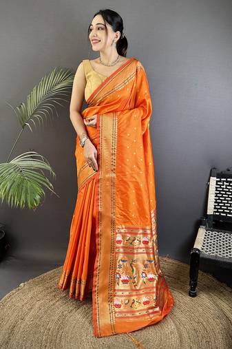 orange soft lichi silk blend butti meenakari work paithani saree