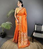 orange soft lichi silk blend butti meenakari work paithani saree