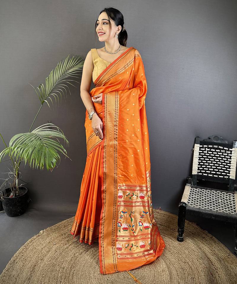 orange soft lichi silk blend butti meenakari work paithani saree