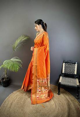 orange soft lichi silk blend butti meenakari work paithani saree 2