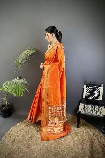 orange soft lichi silk blend butti meenakari work paithani saree