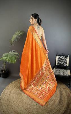 orange soft lichi silk blend butti meenakari work paithani saree 3