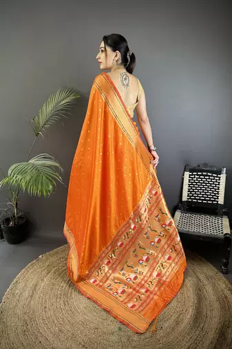 orange soft lichi silk blend butti meenakari work paithani saree