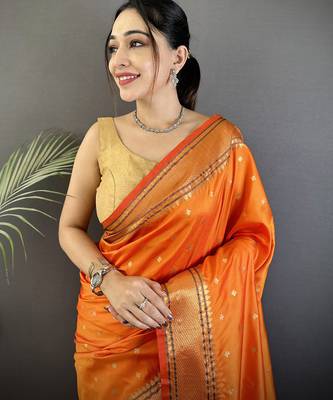 orange soft lichi silk blend butti meenakari work paithani saree 4