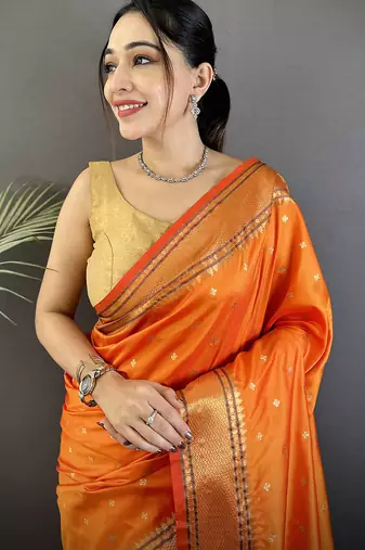 orange soft lichi silk blend butti meenakari work paithani saree