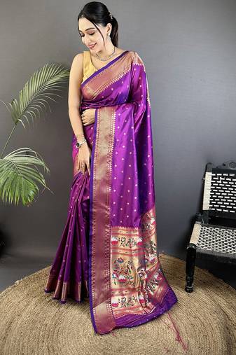 purple soft lichi silk blend butti meenakari work paithani saree