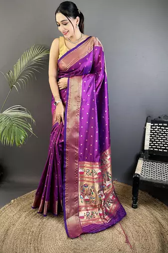 purple soft lichi silk blend butti meenakari work paithani saree