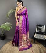 purple soft lichi silk blend butti meenakari work paithani saree