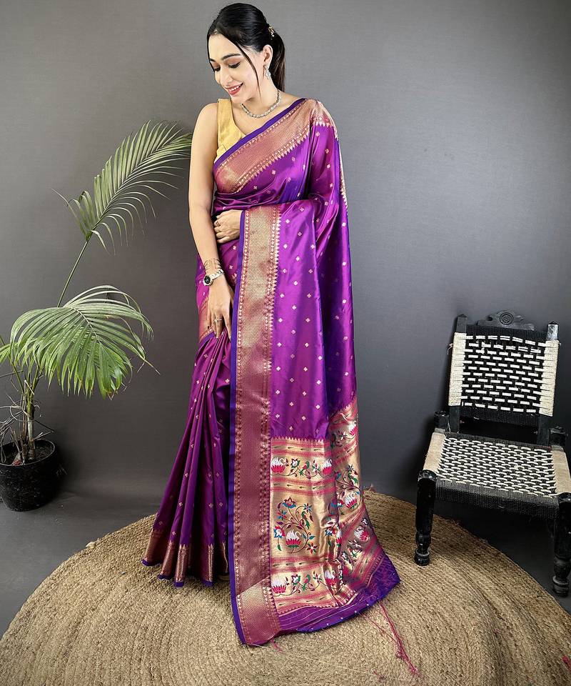 purple soft lichi silk blend butti meenakari work paithani saree