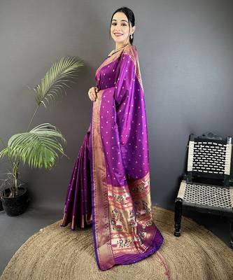 purple soft lichi silk blend butti meenakari work paithani saree 2