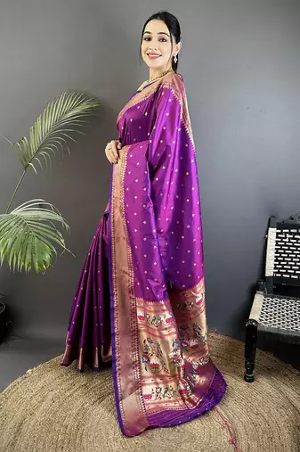 purple soft lichi silk blend butti meenakari work paithani saree