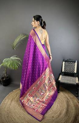 purple soft lichi silk blend butti meenakari work paithani saree 3
