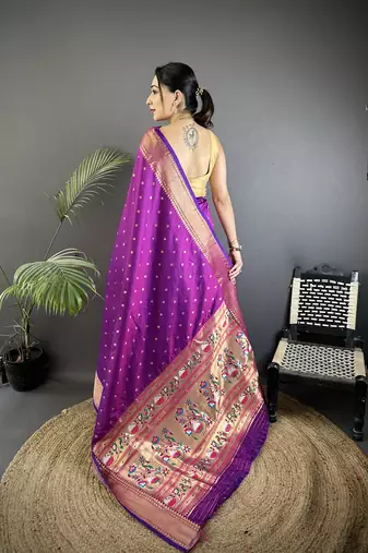 purple soft lichi silk blend butti meenakari work paithani saree