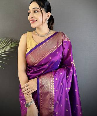 purple soft lichi silk blend butti meenakari work paithani saree 4