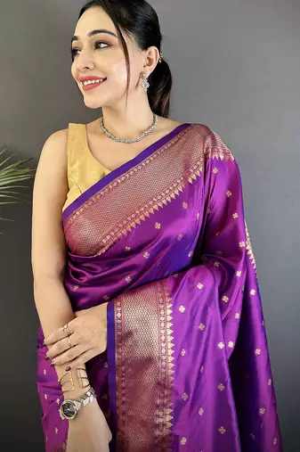 purple soft lichi silk blend butti meenakari work paithani saree