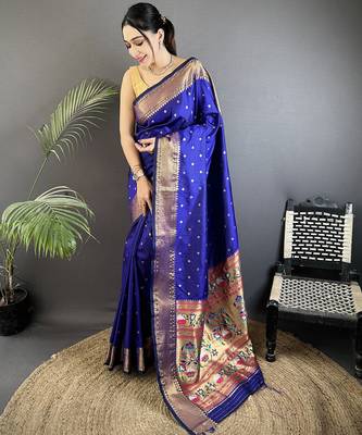 royal blue soft lichi silk blend butti meenakari work paithani saree 1