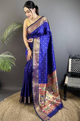 royal blue soft lichi silk blend butti meenakari work paithani saree