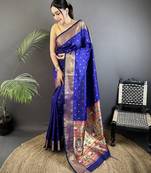 royal blue soft lichi silk blend butti meenakari work paithani saree