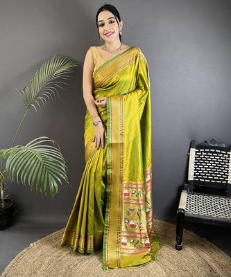 lime green soft lichi silk blend butti meenakari work paithani saree 1