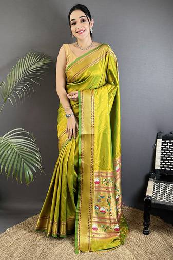 lime green soft lichi silk blend butti meenakari work paithani saree