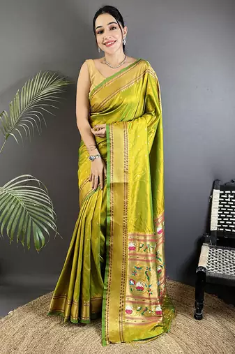 lime green soft lichi silk blend butti meenakari work paithani saree