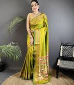 lime green soft lichi silk blend butti meenakari work paithani saree