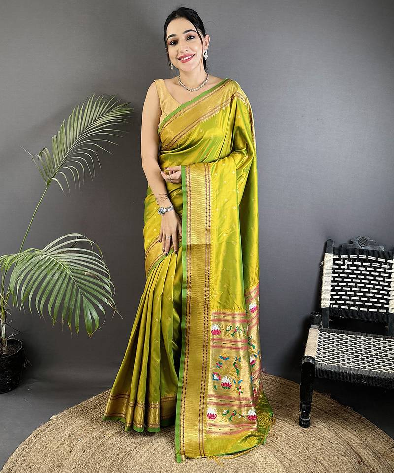 lime green soft lichi silk blend butti meenakari work paithani saree