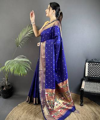 royal blue soft lichi silk blend butti meenakari work paithani saree 2
