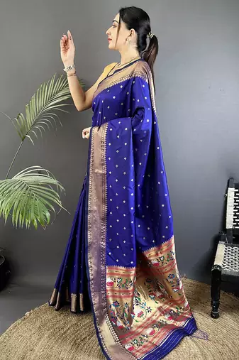 royal blue soft lichi silk blend butti meenakari work paithani saree