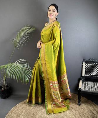 lime green soft lichi silk blend butti meenakari work paithani saree 2