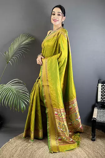 lime green soft lichi silk blend butti meenakari work paithani saree