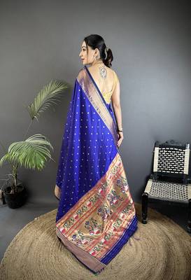 royal blue soft lichi silk blend butti meenakari work paithani saree 3
