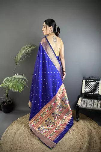 royal blue soft lichi silk blend butti meenakari work paithani saree