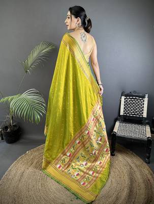 lime green soft lichi silk blend butti meenakari work paithani saree 3