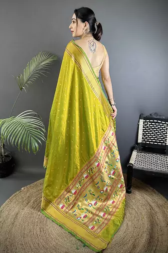 lime green soft lichi silk blend butti meenakari work paithani saree