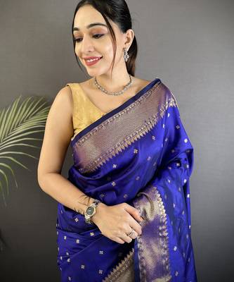 royal blue soft lichi silk blend butti meenakari work paithani saree 4