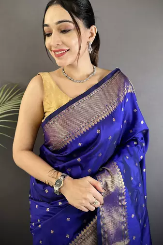 royal blue soft lichi silk blend butti meenakari work paithani saree