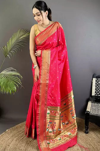 magenta pink soft lichi silk blend butti meenakari work paithani saree