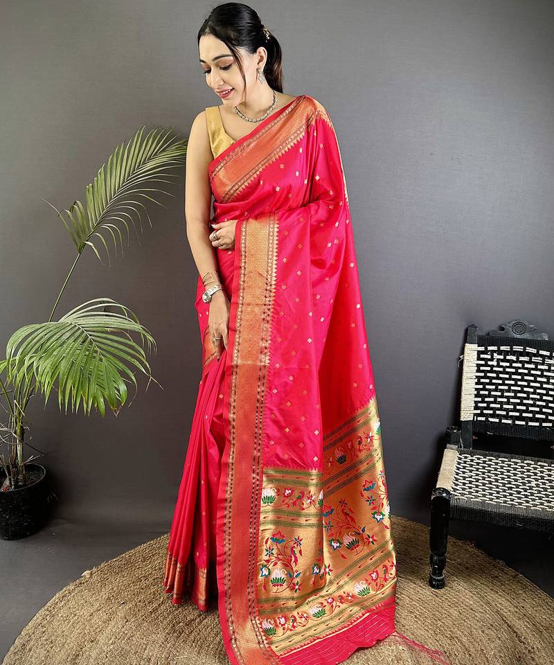 magenta pink soft lichi silk blend butti meenakari work paithani saree