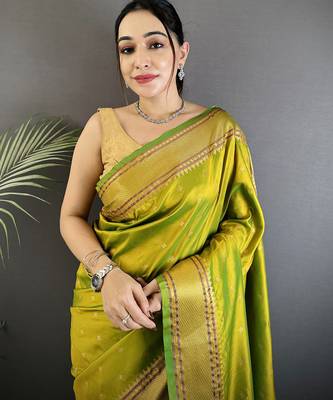 lime green soft lichi silk blend butti meenakari work paithani saree 4