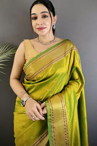 lime green soft lichi silk blend butti meenakari work paithani saree