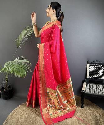 magenta pink soft lichi silk blend butti meenakari work paithani saree 2