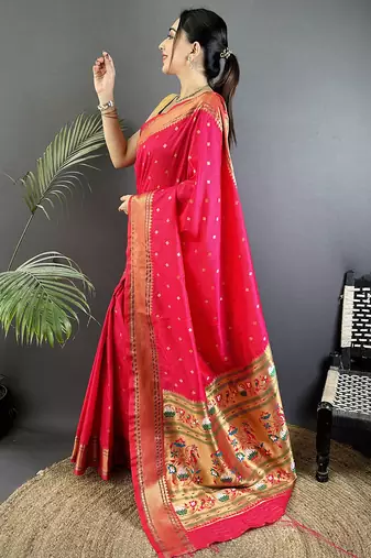 magenta pink soft lichi silk blend butti meenakari work paithani saree