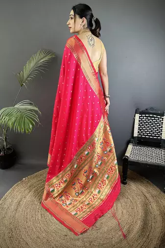 magenta pink soft lichi silk blend butti meenakari work paithani saree