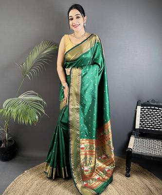 green soft lichi silk blend butti meenakari work paithani saree 1
