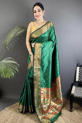 green soft lichi silk blend butti meenakari work paithani saree