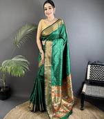 green soft lichi silk blend butti meenakari work paithani saree