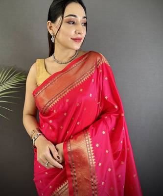 magenta pink soft lichi silk blend butti meenakari work paithani saree 4